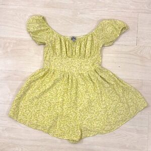 JforJust Floral Print Off The Shoulder Smocked Romper Green Pink Womens Size L